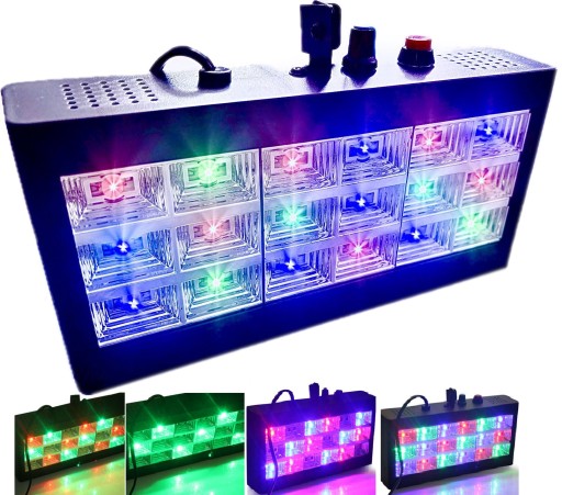 KOLOROFON STROBOSKOP 3 KOLORY DISCO REFLEKTOR 18 LED RGB CZUJNIK DŹWIĘKU