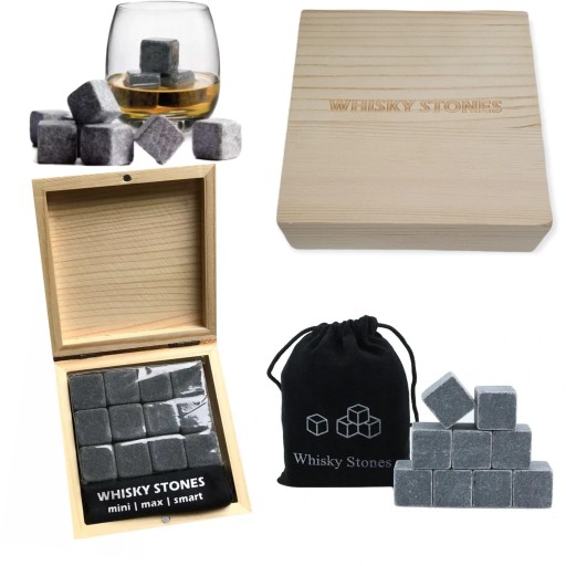 KAMIENIE lodowe kostki WHISKY Drewniane opakowanie 12 szt ZESTAW do whiskey
