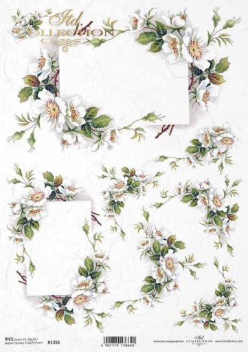 Papier ryżowy A4 białe kwiaty, bukiet do decoupage, scrapbooking