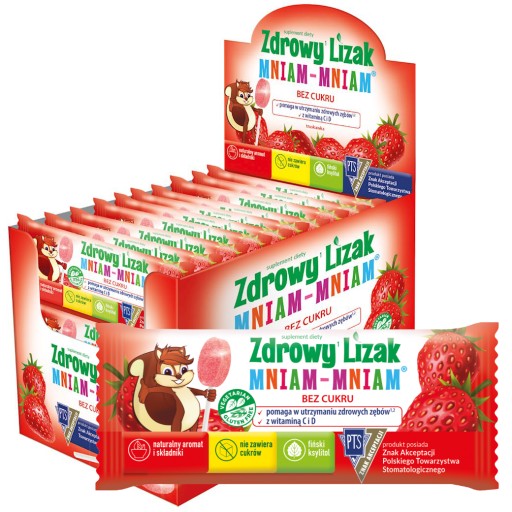 Zdrowy Lizak dla Dzieci Mniam-Mniam Bez Cukru Smak Truskawkowy 40 Sztuk