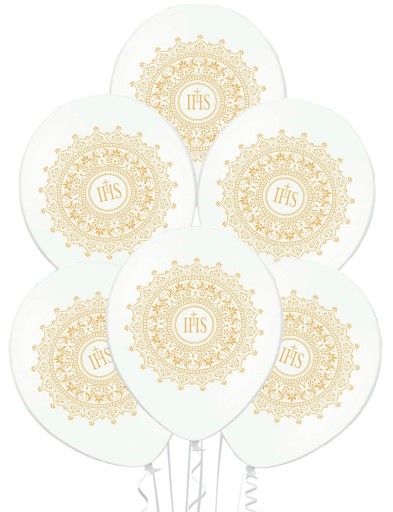 BALONY BIAŁE METALLIC IHS ZŁOTY ORNAMENT PIERWSZA KOMUNIA 30CM-6 SZTUK-3613