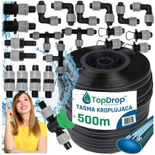 Taśma Kroplująca 30cm Hirro Tape 500m + 22 Złączki Akcesoria Do Taśmy Krop