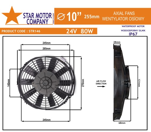 Wentylator Uniwersalny 255mm 24V 80W STR146