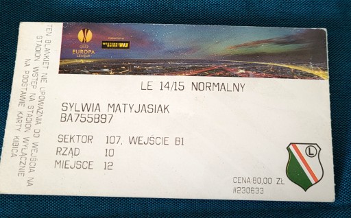 bilet Legia Warszawa - Metalist Charków