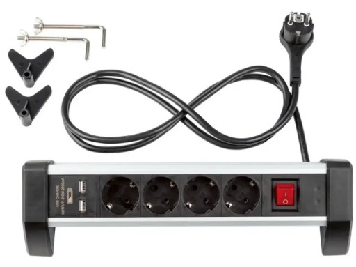 Listwa zasilająca przedłużacz 4 GNIAZDA 2xUSB 2.1A na biurko + Zaciski