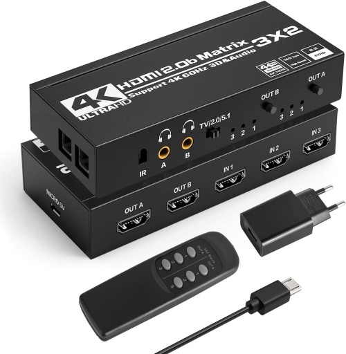 HDMI Matrix 3 x 2 - Tendak 4K 60 Hz HDMI Switch Matrix 3 In 2 Out HDMI
