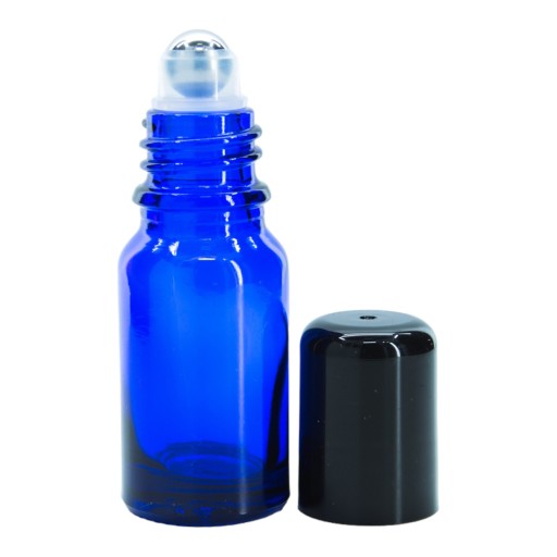 Butelka szklana 10 ml niebieska z nakrętką czarną roll-on kulka stalowa