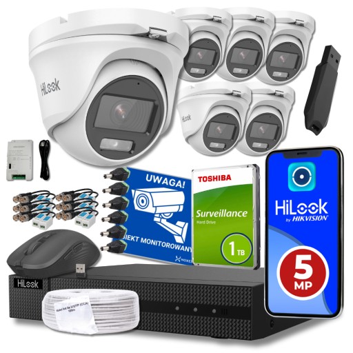 Monitoring zestaw 6 kamer ZEWNETRZNY 5MPx HiLook DETEKCJA AI człowieka +HDD