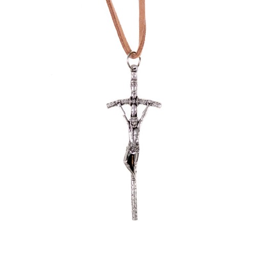 Krzyż Papieski metalowy srebrny 6,5 cm + rzemyk