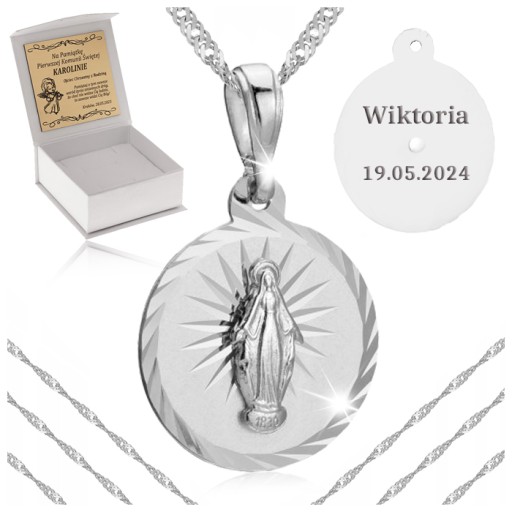 SREBRNY ŁAŃCUSZEK + CUDOWNY MEDALIK PR. 925 PREZENT KOMUNIA CHRZEST GRAWER