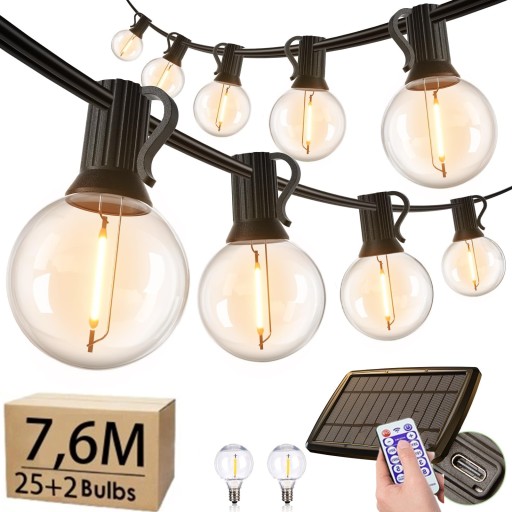 SOLARNA GIRLANDA OGRODOWA ŚWIETLNA 7,6M + 25xLED ŻARÓWKI -WODOSZCZELNA IP65