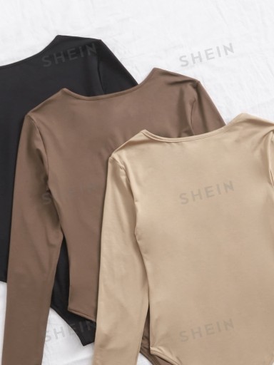BODY Z DŁUGIM RĘKAWEM PROSTE 3-PAK CZARNE, BRĄZOWE, KHAKI CASUAL SHEIN M 38