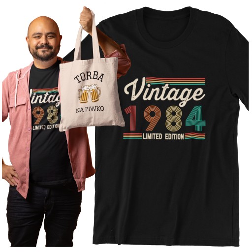 PREZENT NA 40 URODZINY KOSZULKA PERSONALIZOWANA 1984 + GRATIS TORBA PIWKO