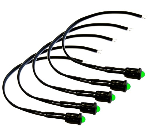 5x Dioda LED 5mm 12V zielona przewód 20cm +oprawka
