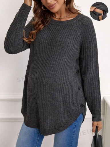 SHEIN SWETER DAMSKI SZARY DŁUGI RĘKAW GUZIKI MATERNITY M 875
