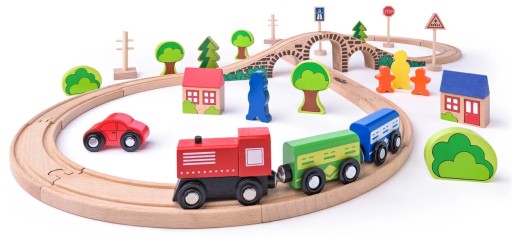 WOODYLAND KOLEJKA DREWNIANA ÓSEMKA Z MOSTEM ZESTAW TORY POCIĄG AKCESORIA