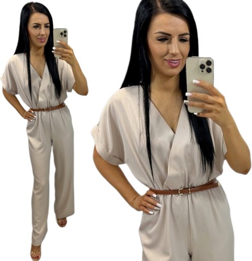 Kombinezon Damski Letni na Lato Elegancki Zwiewny Beżowy Nude Kopertowy XXL