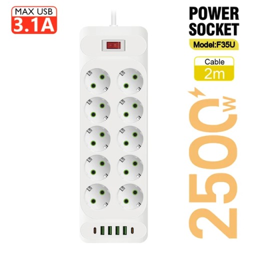 Ue podłącz AC listwa elektryczna z PD QC3.0 rodzaj USB C porty szybkie