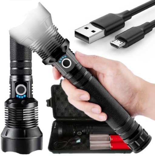 BARDZO MOCNA LATARKA TAKTYCZNA 5000 LUMENÓW USB WOJSKOWA SURVIVAL ALUMINIUM
