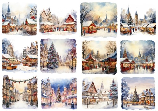 Papier ryżowy A4 Artando Widok zimowy jarmark miasteczko choinka zima
