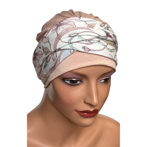 Turban damski na głowę Lena beż-419 chusta marszczona bambusa miła w dotyku
