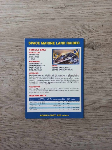 Space Marine Land Raider Data Card Warhammer 40k 2nd edition