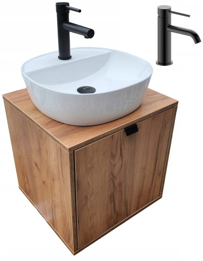 Szafka wisząca 46 cm DĄB z umywalka bateria Czarna
