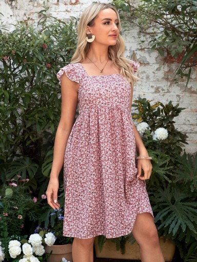 SHEIN RÓŻOWA CIĄŻOWA SUKIENKA W BIAŁE KWIATY FALBANY S 51451