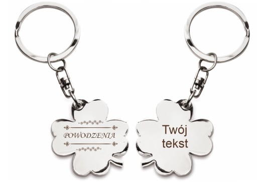 Brelok koniczynka grawer POWODZENIA TWÓJ TEKST LUCK brylok personalizowany