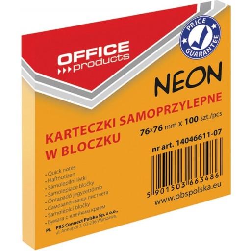 Bloczek samoprzylepny 76x76 neon pomarańczowy