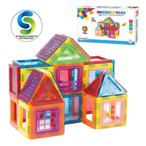 Klocki Magnetyczne KONSTRUKCYJNE 3D XXL KOLOROWE MAGNETIC TILES 70Szt +LOGO