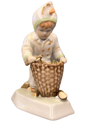 Figurka Zsolnay dziecko z koszem, Andreas Sinkó, Art Deco, Węgry
