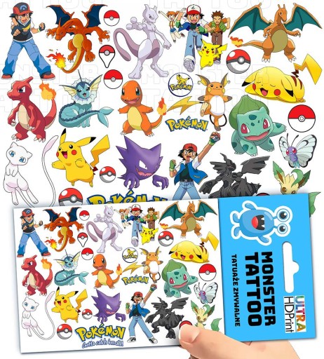 TATUAŻE ZMYWALNE TYMCZASOWE DLA DZIECI DZIECIĘCE POKEMON WZORY ORYGINALNE
