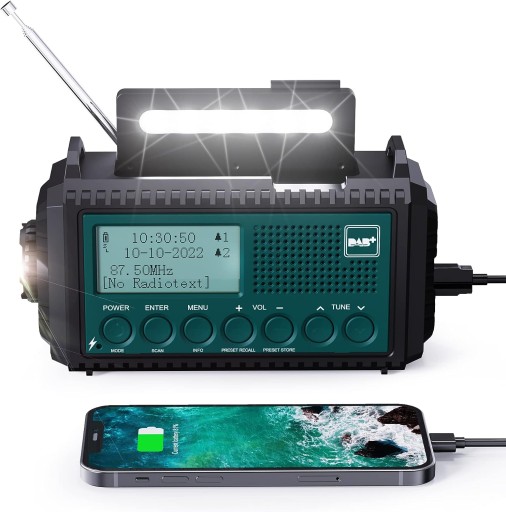 Radio survival camping, latarka, powerbank, ładowanie solarne, Dab+ i FM