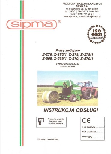 Instrukcja obsługi prasa SIPMA Z-276, Z-276/1, Z-279, Z-279/1, Z-569 Z-570