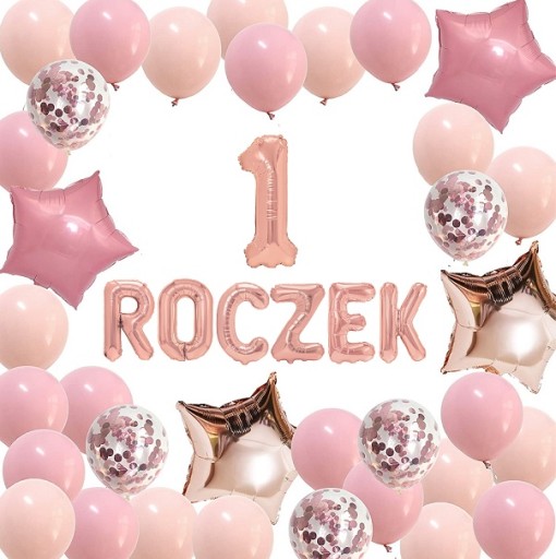 Zestaw BALONY ROCZEK cyfra 1 urodziny różowe ROSE
