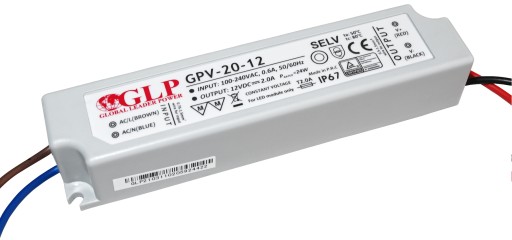 WODOODPORNY ZASILACZ 12V 24W 2A IP67 DO TAŚM LED WODOSZCZELNY GLP GPV-20-12