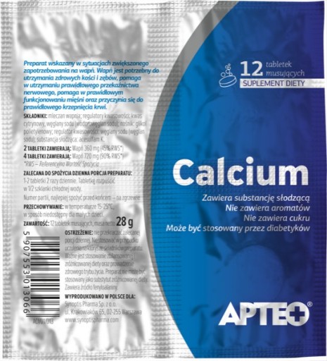 CALCIUM CZYSTE BEZSMAKOWE ALERGIA x 12 tabletek musujących WAPNO APTEO