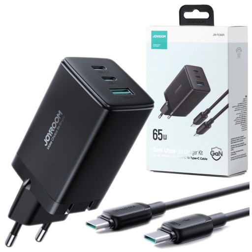 SZYBKA Ładowarka Sieciowa 65W GaN ZASILACZ 3x USB-C + KABEL USB-C 100W 1.2m