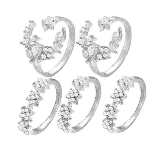 Zestaw 2x5 pierścionków na kostkę Vintage Star Moon Crystal Rings, które można układać w stosy po 2 sztuki