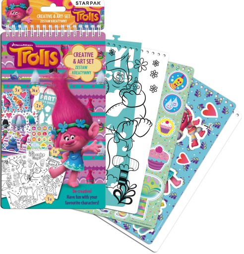 TROLLS ZESTAW KOLOROWANKA NAKLEJKI SZABLONY NOTES