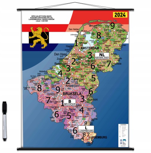 Mapa Ścienna Drogowa Beneluksu + kody 160cmx120cm Aktualna 2024