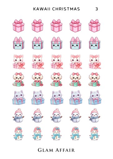 KAWAII Święta naklejki, Kawaii Christmas 3, Prezenty, Bałwany