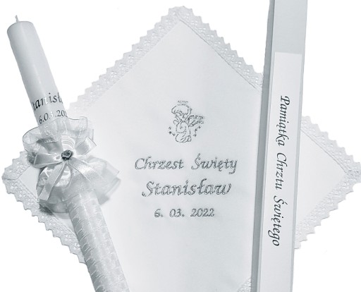 SZATKA i ŚWIECA DO CHRZTU imię data HAFT