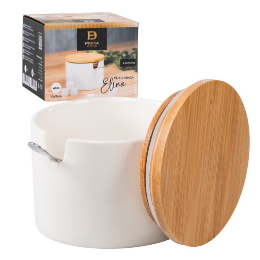 CUKIERNICA PORCELANOWA BIAŁA CUKIERNICZKA Z POKRYWKĄ BAMBUSOWĄ I ŁYŻECZKĄ