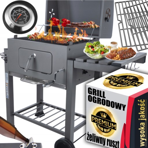GRILL OGRODOWY WĘGLOWY NA BRYKIET BBQ ZAMYKANA POKRYWA RUSZT ŻELIWNY PÓŁKA