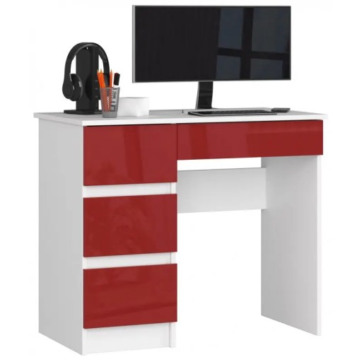 Biurko komputerowe białe czerwone 90 cm 4 szuflady