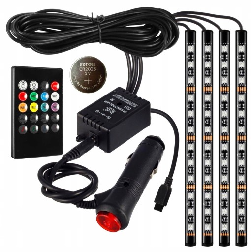 OŚWIETLENIE WNĘTRZA KABINY AUTA 4x12 LED ledy paski RGB PILOT AMBIENT