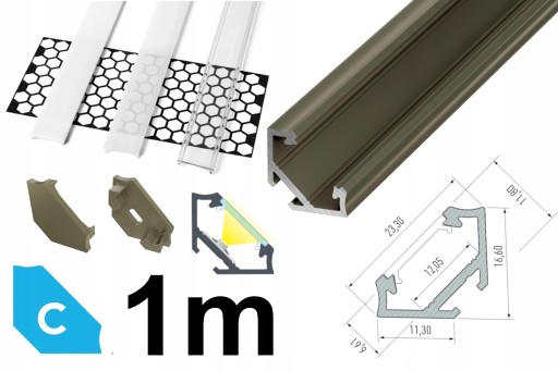 PROFIL LED NAROŻNY 45° TYPU C ZESTAW INOX 1M