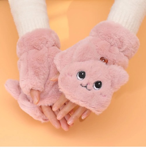 Winter Cat Rabbit Mittens Fingerless Gloves Thick Soft Plush Winter Warm
